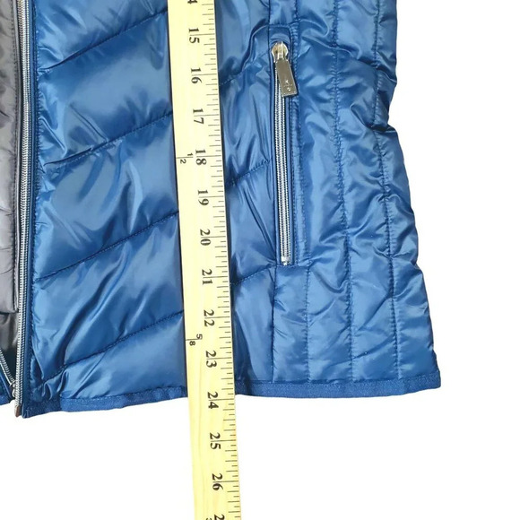 NWT Kenneth Cole Blue Gray Bib Front Zip Hooded Puffer Jacket Petrol L - Picture 13 of 16
